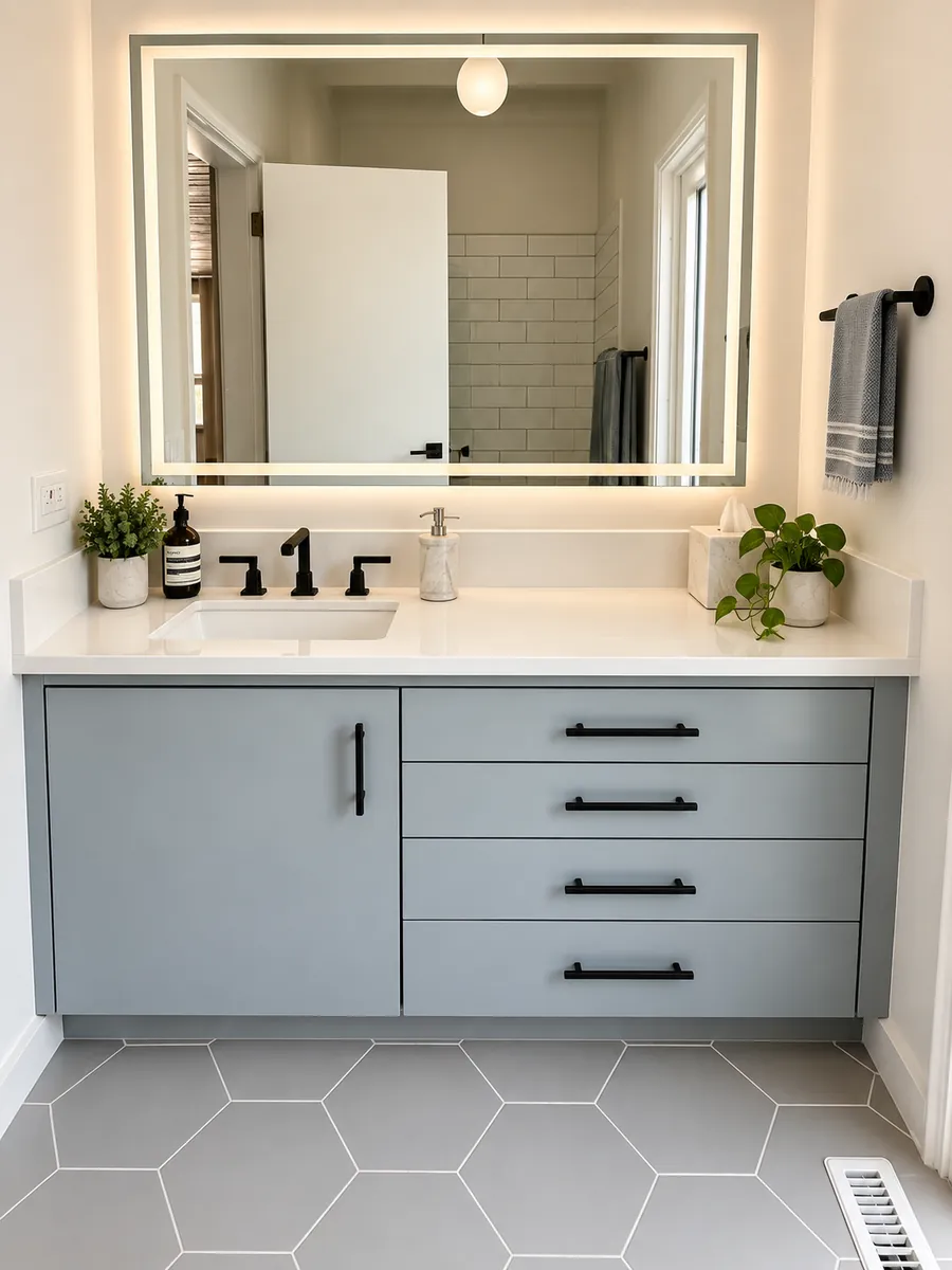 Blue-gray vanity with backlit mirror and gray hexagon floor tile in a Clovis, CA bathroom remodel