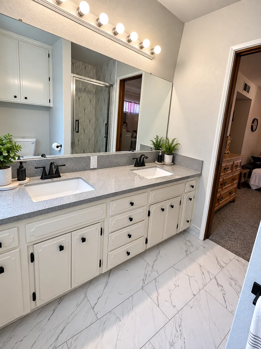 Double-sink vanity view toward the bedroom in a Clovis, CA bathroom remodel