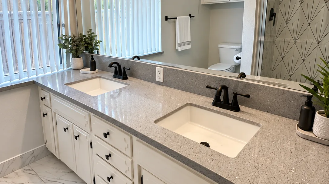 Completed double-vanity bathroom remodel with granite-look countertop in Clovis, CA